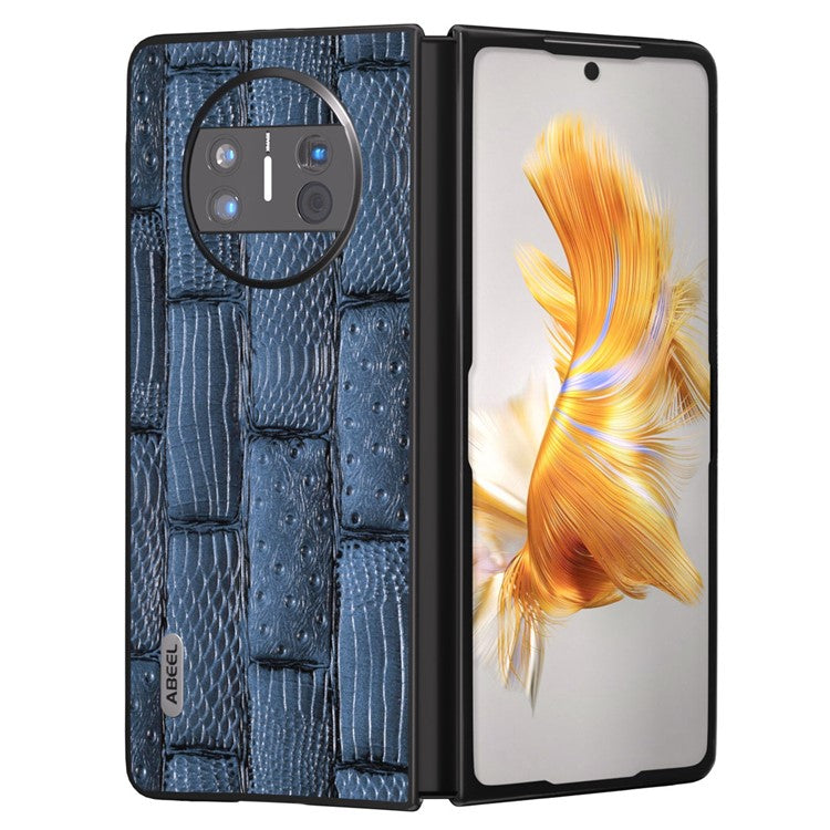 ABEEL For Huawei Mate X3 5G Mahjong Texture Anti-Slip Case Genuine Cowhide Leather Coated PC Black Edge Phone Cover - Blue