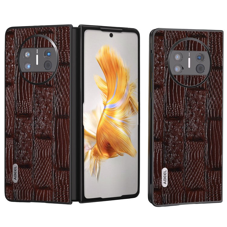 ABEEL For Huawei Mate X3 5G Mahjong Texture Anti-Slip Case Genuine Cowhide Leather Coated PC Black Edge Phone Cover - Brown