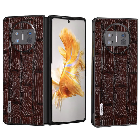ABEEL For Huawei Mate X3 5G Mahjong Texture Anti-Slip Case Genuine Cowhide Leather Coated PC Black Edge Phone Cover - Brown
