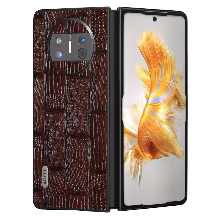 ABEEL For Huawei Mate X3 5G Mahjong Texture Anti-Slip Case Genuine Cowhide Leather Coated PC Black Edge Phone Cover - Brown