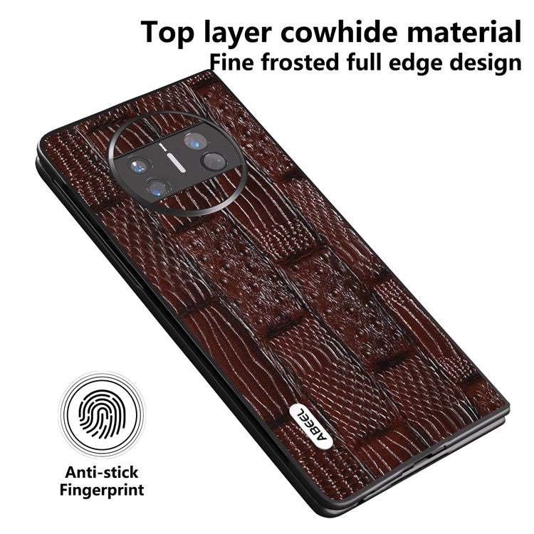 ABEEL For Huawei Mate X3 5G Mahjong Texture Anti-Slip Case Genuine Cowhide Leather Coated PC Black Edge Phone Cover - Brown