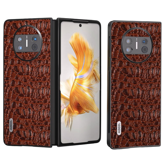 ABEEL For Huawei Mate X3 5G Textured Genuine Cow Leather Coated PC Cover Black Edge Phone Case - Brown