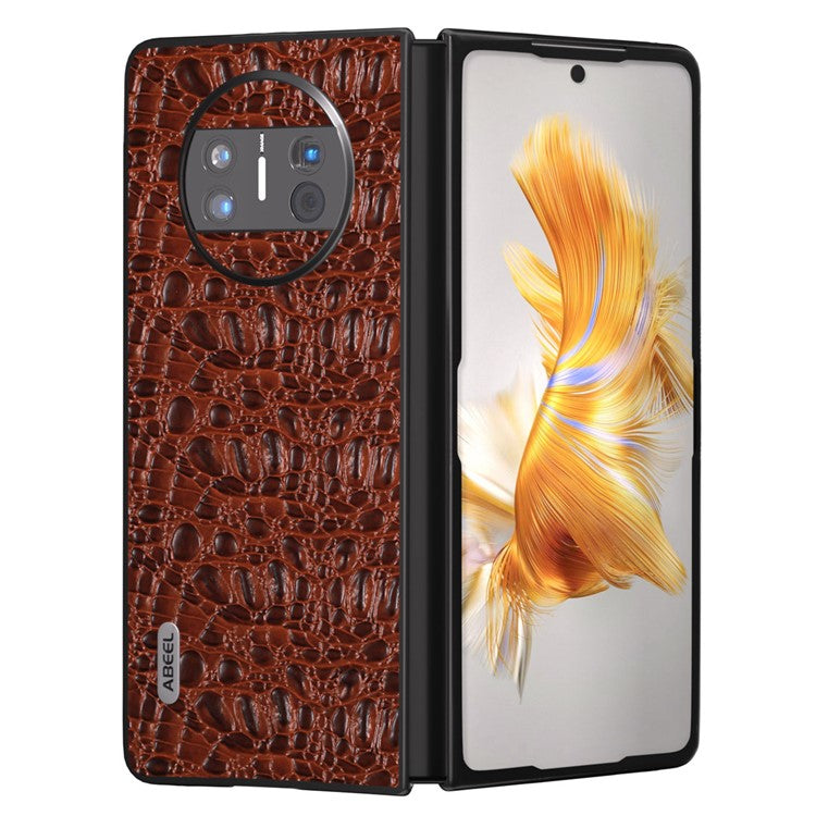 ABEEL For Huawei Mate X3 5G Textured Genuine Cow Leather Coated PC Cover Black Edge Phone Case - Brown