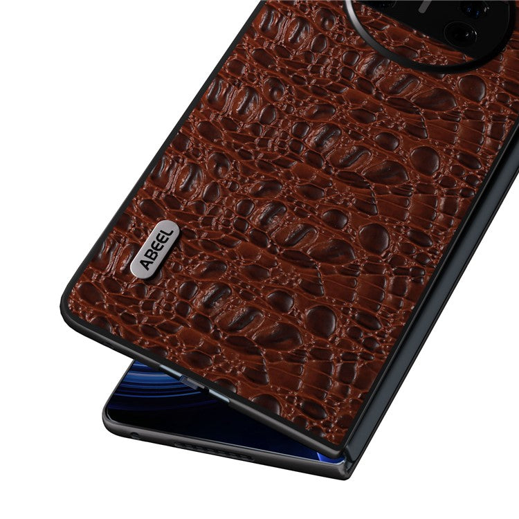 ABEEL For Huawei Mate X3 5G Textured Genuine Cow Leather Coated PC Cover Black Edge Phone Case - Brown