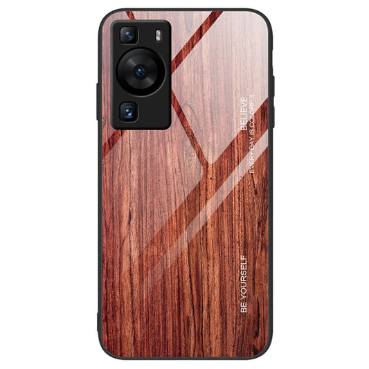 For Huawei P60 Wooden Pattern Phone Case Tempered Glass + TPU Shock Protective Cover - Wine Red