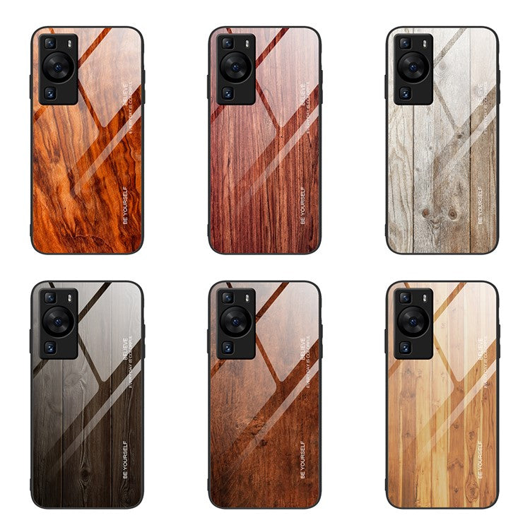 For Huawei P60 Wooden Pattern Phone Case Tempered Glass + TPU Shock Protective Cover - Wine Red