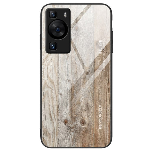 For Huawei P60 Wooden Pattern Phone Case Tempered Glass + TPU Shock Protective Cover - Grey