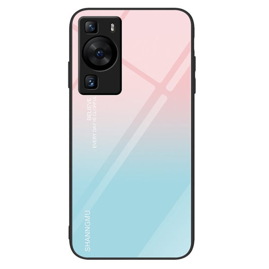 For Huawei P60 Anti-Scratch Tempered Glass Back Cover PC+TPU  Pattern Printing Phone Case - Gradient Pink Blue