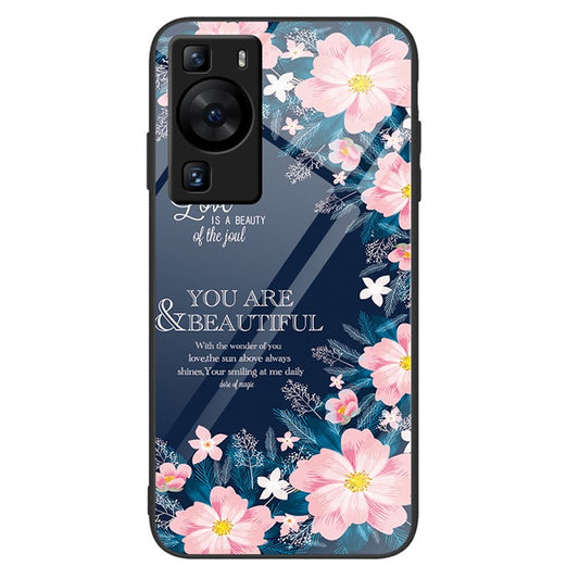 For Huawei P60 Anti-Scratch Tempered Glass Back Cover PC+TPU  Pattern Printing Phone Case - Pink Flowers