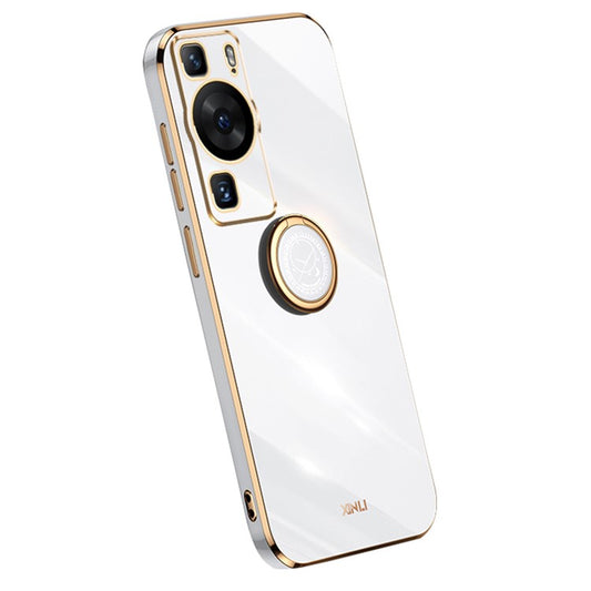 XINLI For Huawei P60 Electroplating Phone Case Ring Kickstand Soft TPU Phone Cover - White