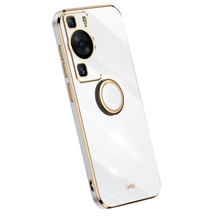 XINLI For Huawei P60 Electroplating Phone Case Ring Kickstand Soft TPU Phone Cover - White