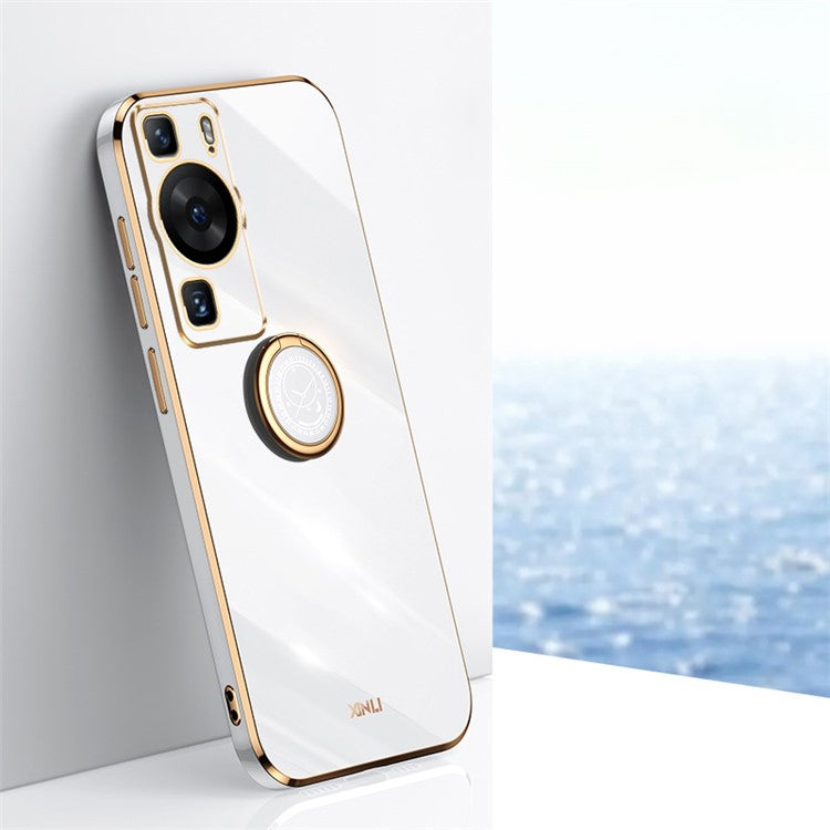 XINLI For Huawei P60 Electroplating Phone Case Ring Kickstand Soft TPU Phone Cover - White