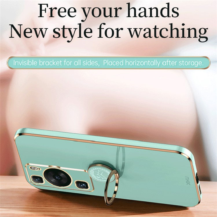 XINLI For Huawei P60 Electroplating Phone Case Ring Kickstand Soft TPU Phone Cover - White