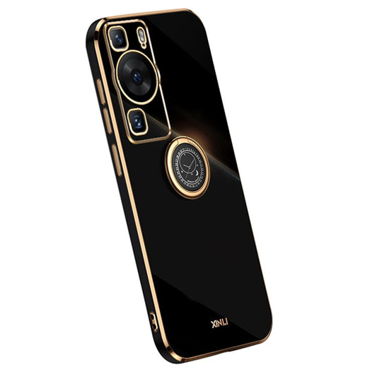 XINLI For Huawei P60 Electroplating Phone Case Ring Kickstand Soft TPU Phone Cover - Black