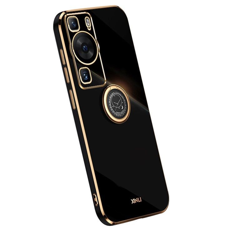XINLI For Huawei P60 Electroplating Phone Case Ring Kickstand Soft TPU Phone Cover - Black