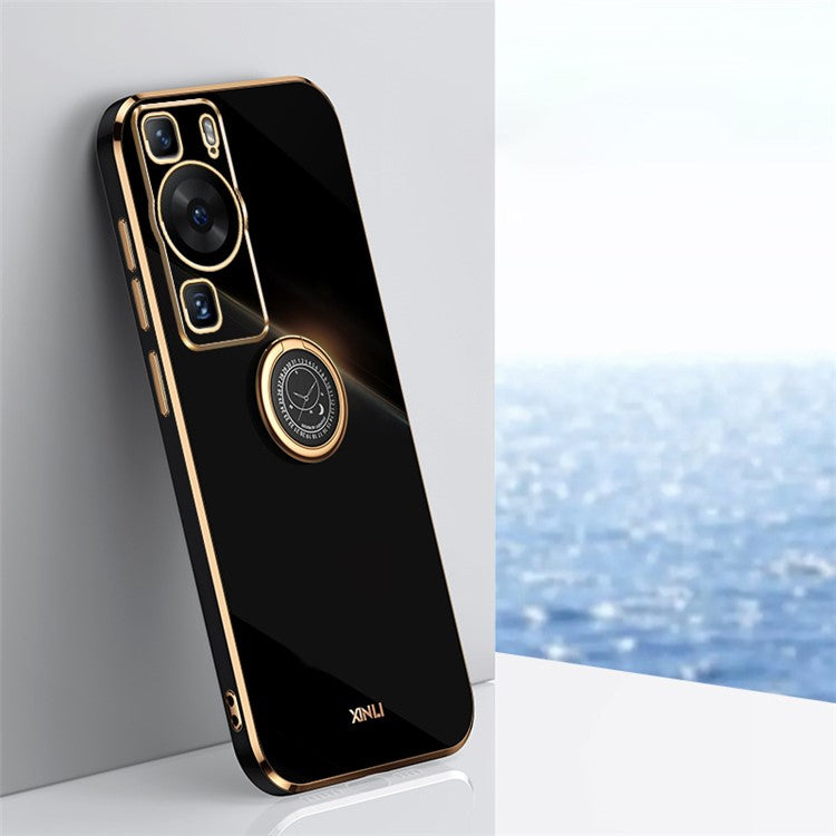 XINLI For Huawei P60 Electroplating Phone Case Ring Kickstand Soft TPU Phone Cover - Black