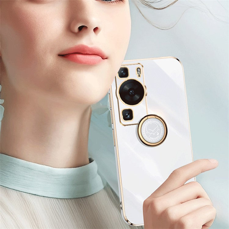 XINLI For Huawei P60 Electroplating Phone Case Ring Kickstand Soft TPU Phone Cover - Black