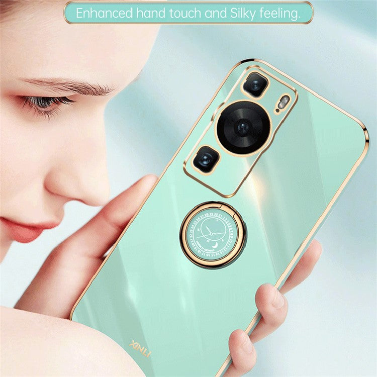 XINLI For Huawei P60 Electroplating Phone Case Ring Kickstand Soft TPU Phone Cover - Black