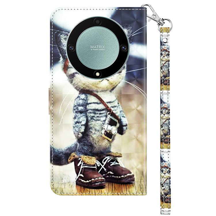 For Honor Magic5 Lite 5G / X40 5G / X9a 5G 3D Pattern Printing PU Leather Wallet Cover Phone Shell with Strap - Standing Cat