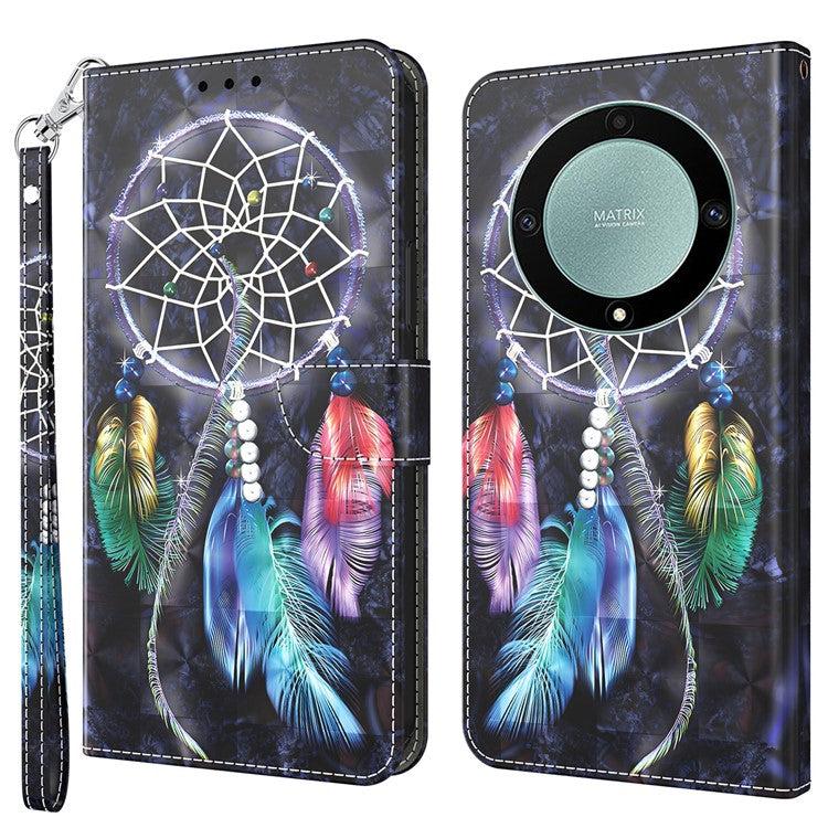 For Honor Magic5 Lite 5G / X40 5G / X9a 5G 3D Pattern Printing PU Leather Wallet Cover Phone Shell with Strap - Dream Catcher