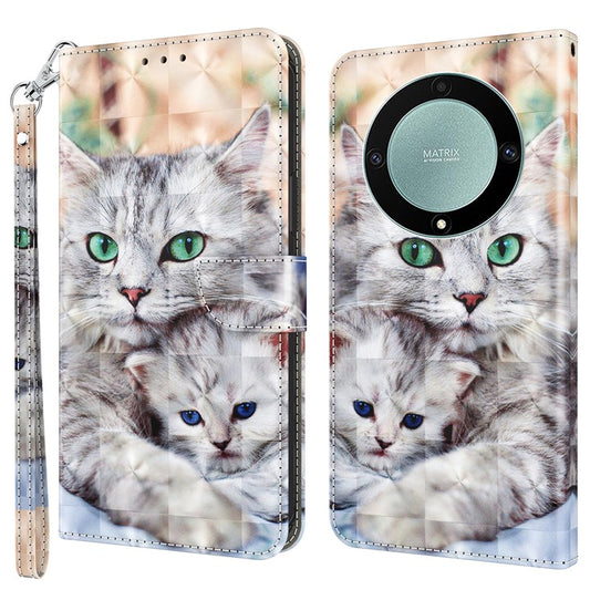 For Honor Magic5 Lite 5G / X40 5G / X9a 5G 3D Pattern Printing PU Leather Wallet Cover Phone Shell with Strap - Two Cats