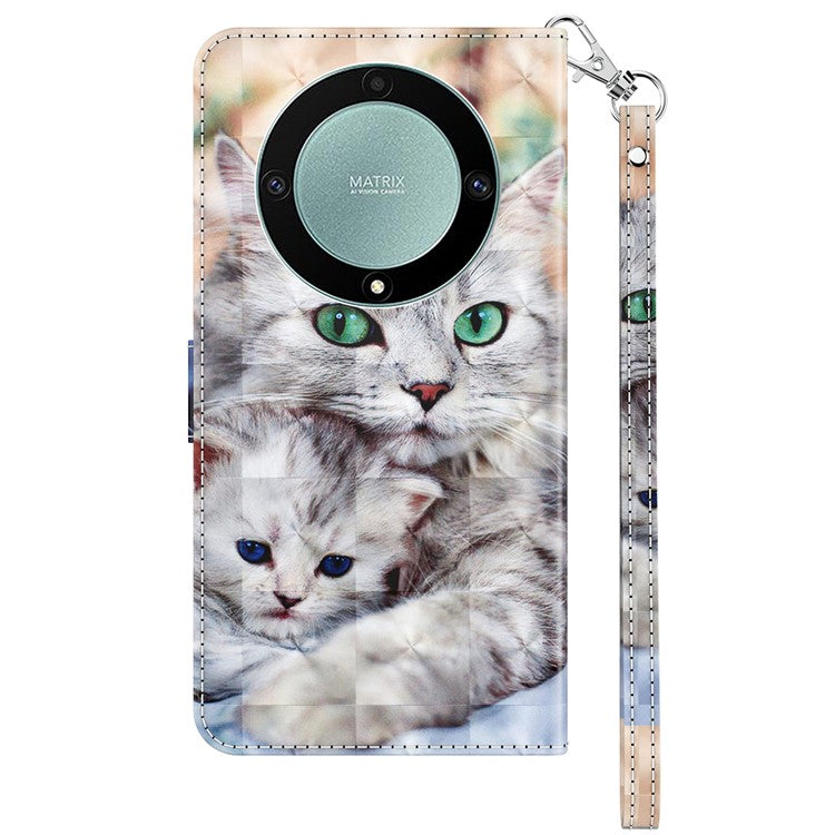 For Honor Magic5 Lite 5G / X40 5G / X9a 5G 3D Pattern Printing PU Leather Wallet Cover Phone Shell with Strap - Two Cats