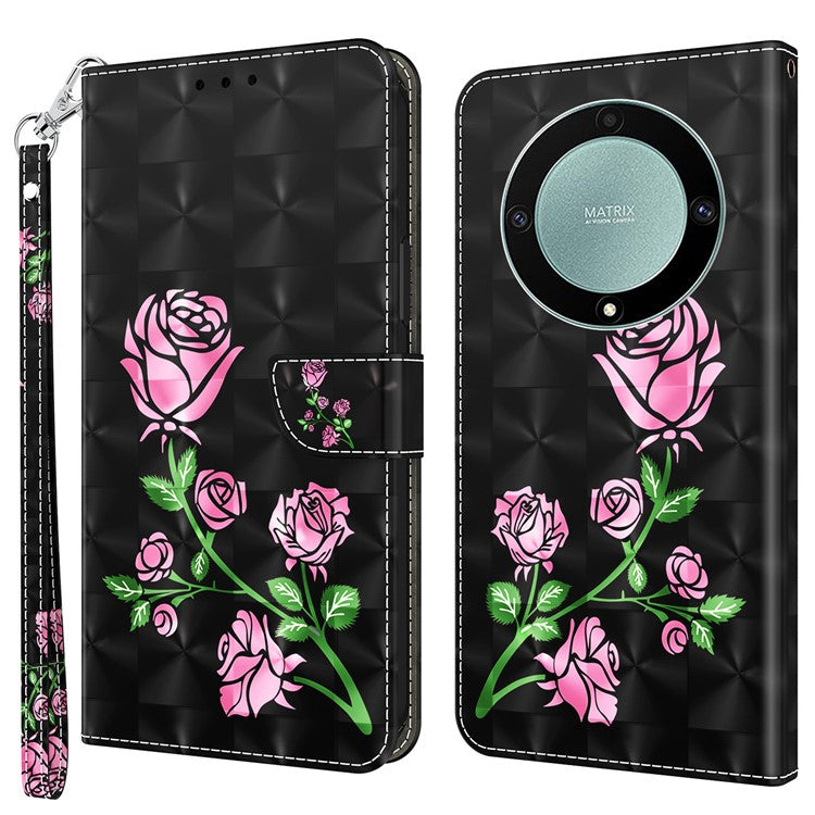 For Honor Magic5 Lite 5G / X40 5G / X9a 5G 3D Pattern Printing PU Leather Wallet Cover Phone Shell with Strap - Rose Flower