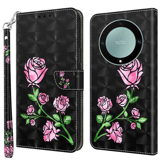 For Honor Magic5 Lite 5G / X40 5G / X9a 5G 3D Pattern Printing PU Leather Wallet Cover Phone Shell with Strap - Rose Flower