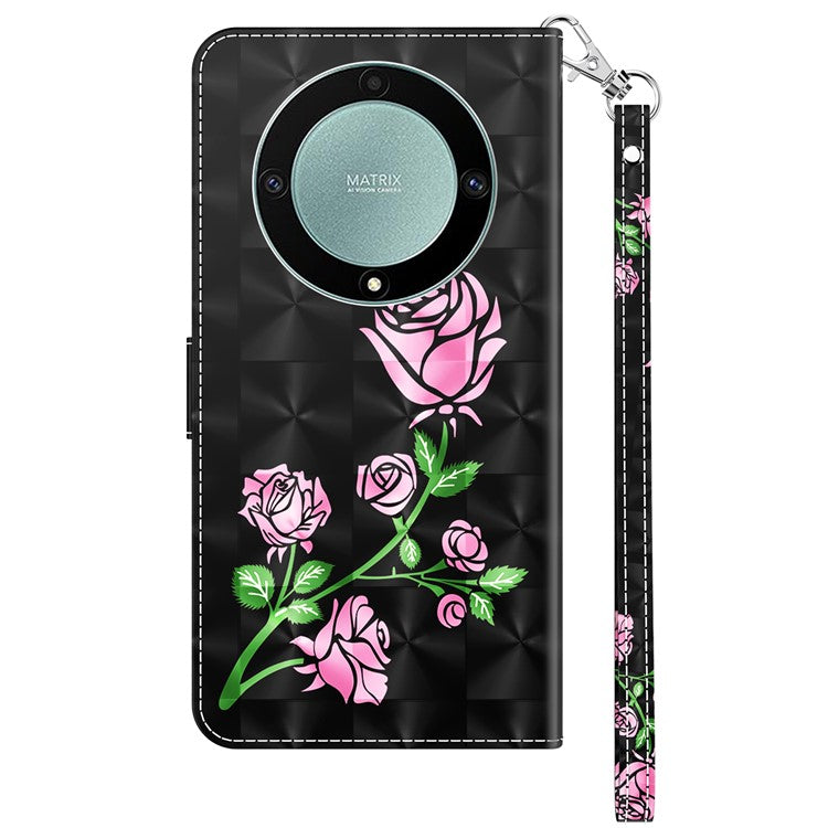 For Honor Magic5 Lite 5G / X40 5G / X9a 5G 3D Pattern Printing PU Leather Wallet Cover Phone Shell with Strap - Rose Flower