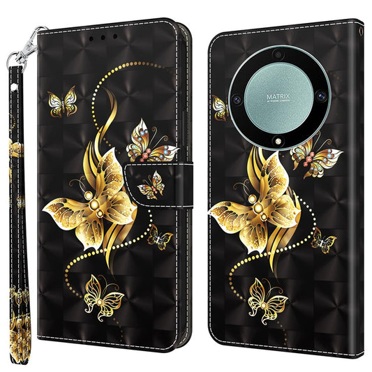 For Honor Magic5 Lite 5G / X40 5G / X9a 5G 3D Pattern Printing PU Leather Wallet Cover Phone Shell with Strap - Golden Butterfly
