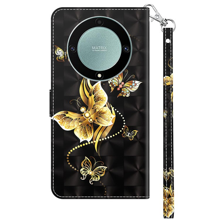 For Honor Magic5 Lite 5G / X40 5G / X9a 5G 3D Pattern Printing PU Leather Wallet Cover Phone Shell with Strap - Golden Butterfly