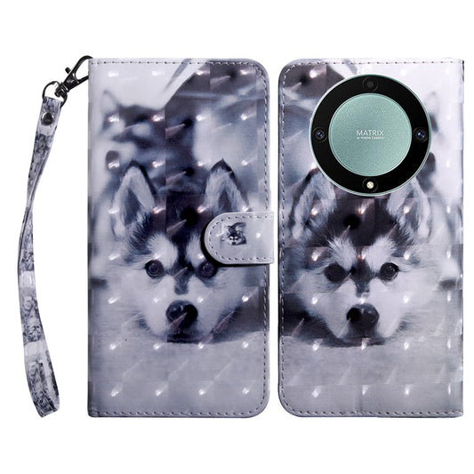 For Honor Magic5 Lite 5G / X40 5G / X9a 5G 3D Pattern Printing PU Leather Wallet Cover Phone Shell with Strap - Husky