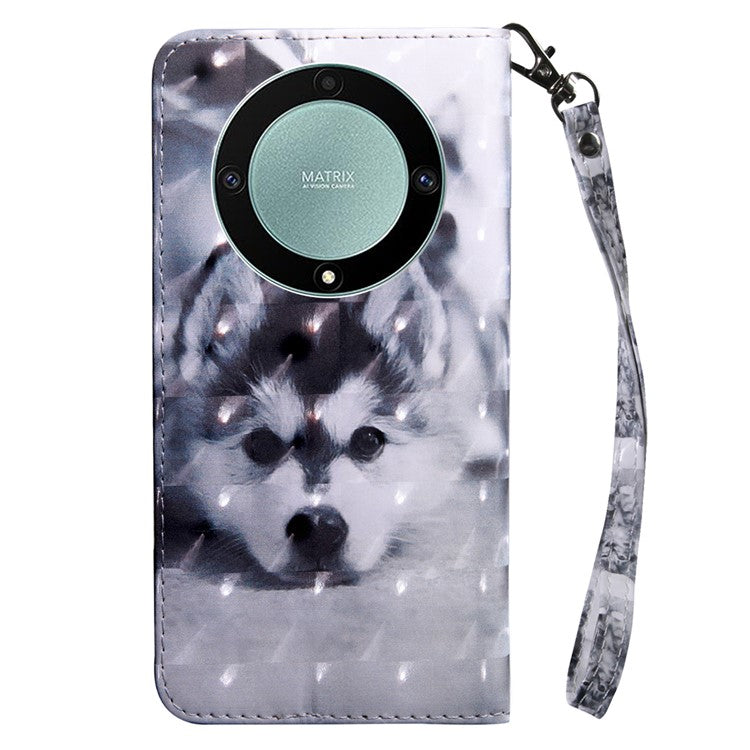 For Honor Magic5 Lite 5G / X40 5G / X9a 5G 3D Pattern Printing PU Leather Wallet Cover Phone Shell with Strap - Husky