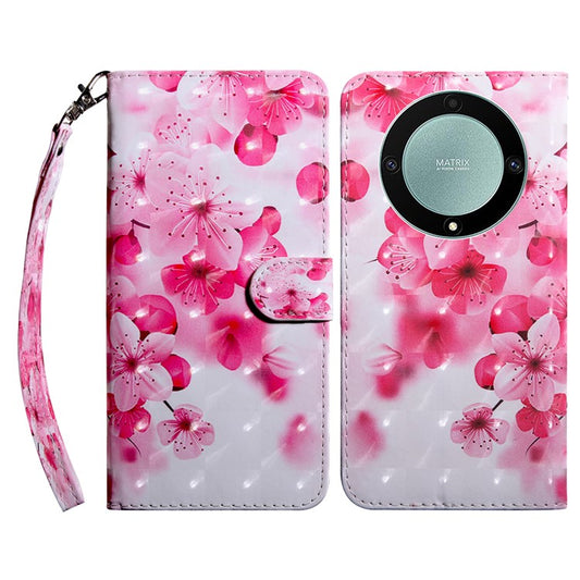 For Honor Magic5 Lite 5G / X40 5G / X9a 5G 3D Pattern Printing PU Leather Wallet Cover Phone Shell with Strap - Red Flower