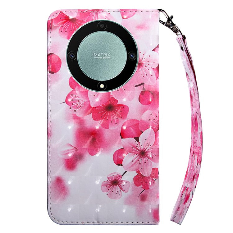 For Honor Magic5 Lite 5G / X40 5G / X9a 5G 3D Pattern Printing PU Leather Wallet Cover Phone Shell with Strap - Red Flower