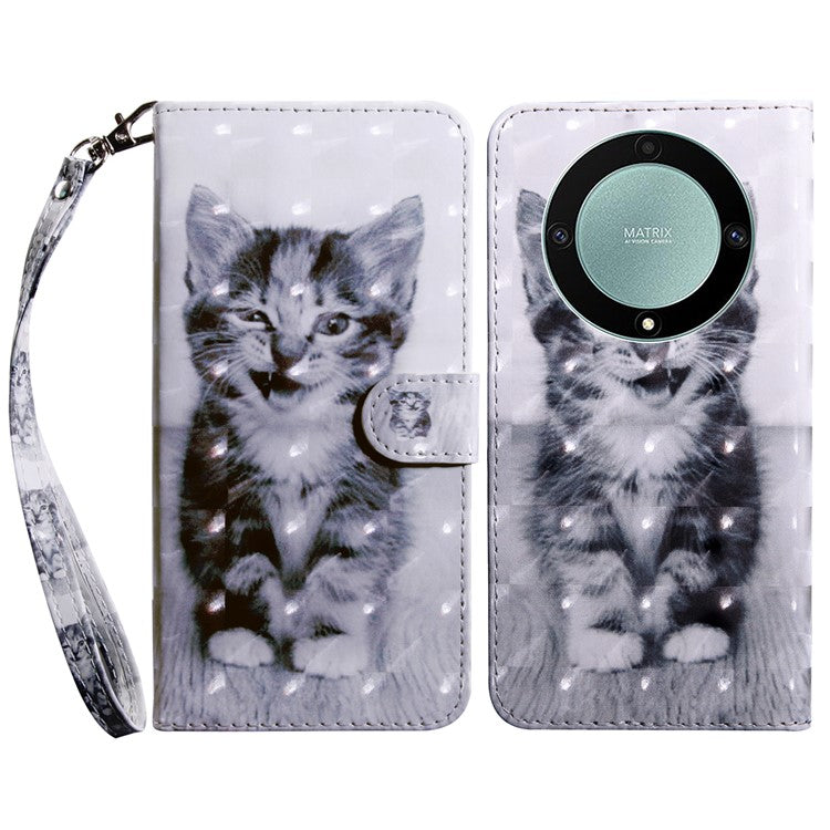 For Honor Magic5 Lite 5G / X40 5G / X9a 5G 3D Pattern Printing PU Leather Wallet Cover Phone Shell with Strap - Cat