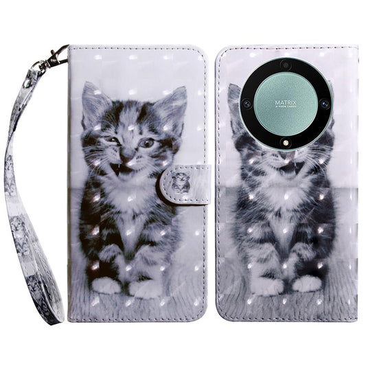 For Honor Magic5 Lite 5G / X40 5G / X9a 5G 3D Pattern Printing PU Leather Wallet Cover Phone Shell with Strap - Cat