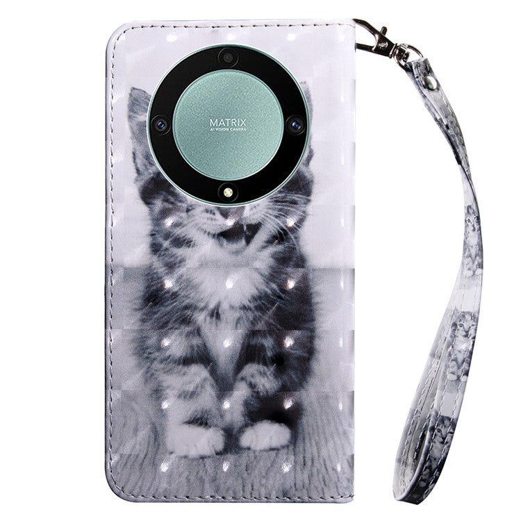 For Honor Magic5 Lite 5G / X40 5G / X9a 5G 3D Pattern Printing PU Leather Wallet Cover Phone Shell with Strap - Cat