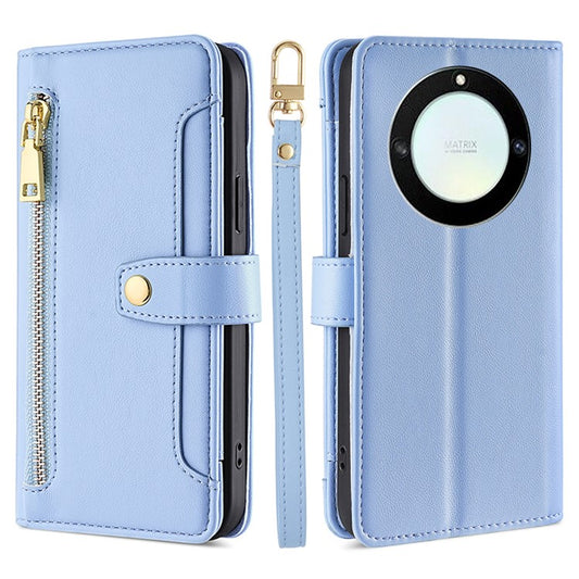 For Honor X40 5G / X9a 5G / Magic5 Lite 5G Leather Wallet Cover Zipper Pocket Phone Stand Case with 2 Straps - Blue