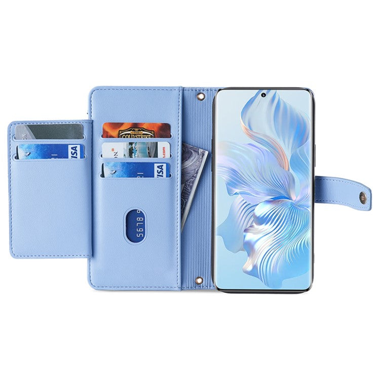 For Honor X40 5G / X9a 5G / Magic5 Lite 5G Leather Wallet Cover Zipper Pocket Phone Stand Case with 2 Straps - Blue