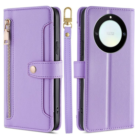 For Honor X40 5G / X9a 5G / Magic5 Lite 5G Leather Wallet Cover Zipper Pocket Phone Stand Case with 2 Straps - Purple