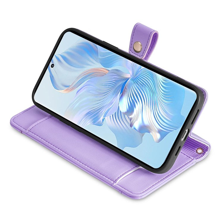 For Honor X40 5G / X9a 5G / Magic5 Lite 5G Leather Wallet Cover Zipper Pocket Phone Stand Case with 2 Straps - Purple