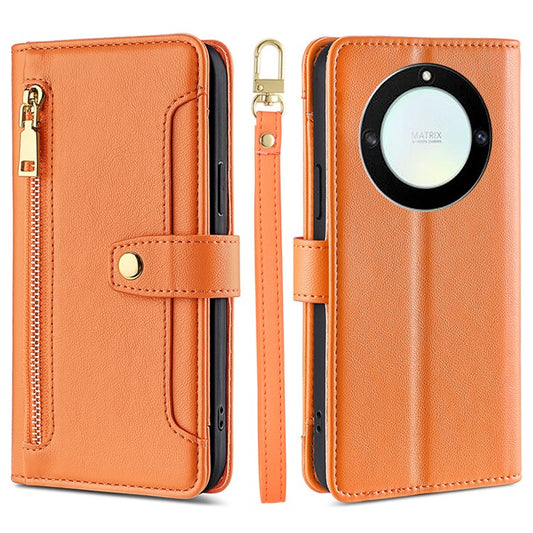 For Honor X40 5G / X9a 5G / Magic5 Lite 5G Leather Wallet Cover Zipper Pocket Phone Stand Case with 2 Straps - Orange