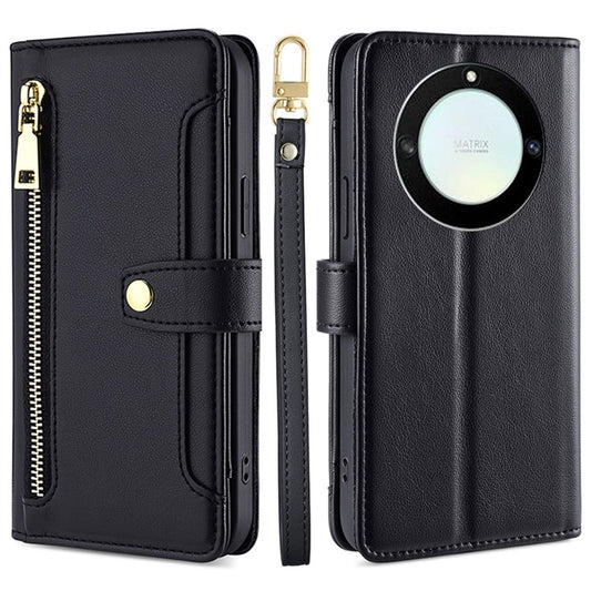 For Honor X40 5G / X9a 5G / Magic5 Lite 5G Leather Wallet Cover Zipper Pocket Phone Stand Case with 2 Straps - Black