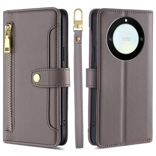 For Honor X40 5G / X9a 5G / Magic5 Lite 5G Leather Wallet Cover Zipper Pocket Phone Stand Case with 2 Straps - Grey