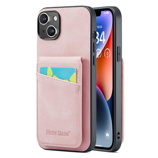 FIERRE SHANN For iPhone 14 Plus Card Slots Kickstand Phone Case RFID Blocking PU Leather+TPU Back Cover - Pink