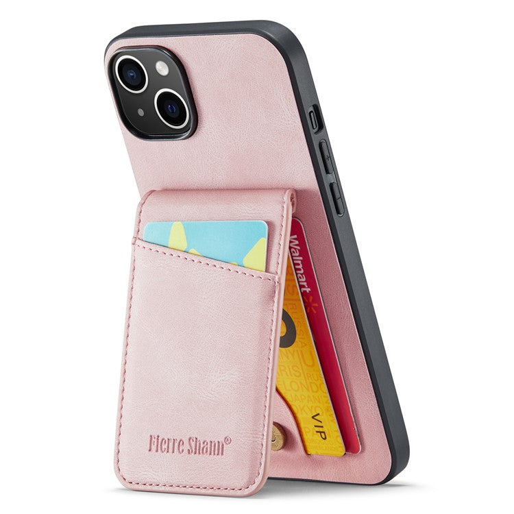 FIERRE SHANN For iPhone 14 Plus Card Slots Kickstand Phone Case RFID Blocking PU Leather+TPU Back Cover - Pink