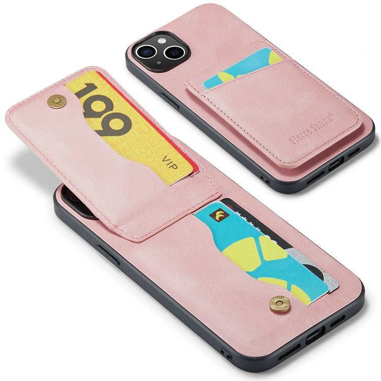 FIERRE SHANN For iPhone 14 Plus Card Slots Kickstand Phone Case RFID Blocking PU Leather+TPU Back Cover - Pink