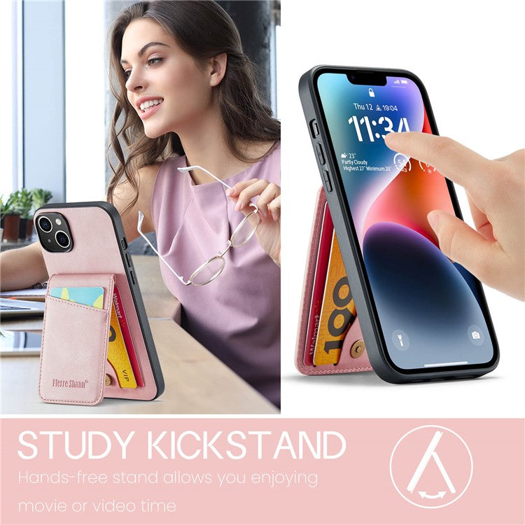 FIERRE SHANN For iPhone 14 Plus Card Slots Kickstand Phone Case RFID Blocking PU Leather+TPU Back Cover - Pink