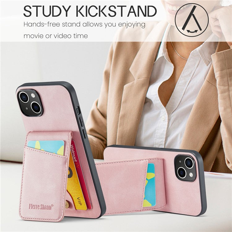 FIERRE SHANN For iPhone 14 Plus Card Slots Kickstand Phone Case RFID Blocking PU Leather+TPU Back Cover - Pink